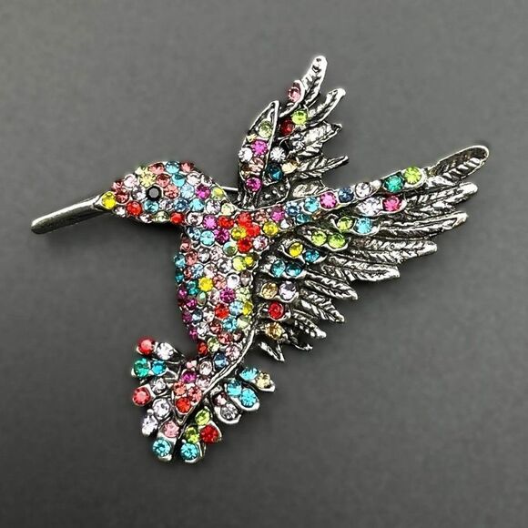 Silver with Multicolored Crystal Flying Hummingbird Pin Back Brooch - Picture 1 of 7
